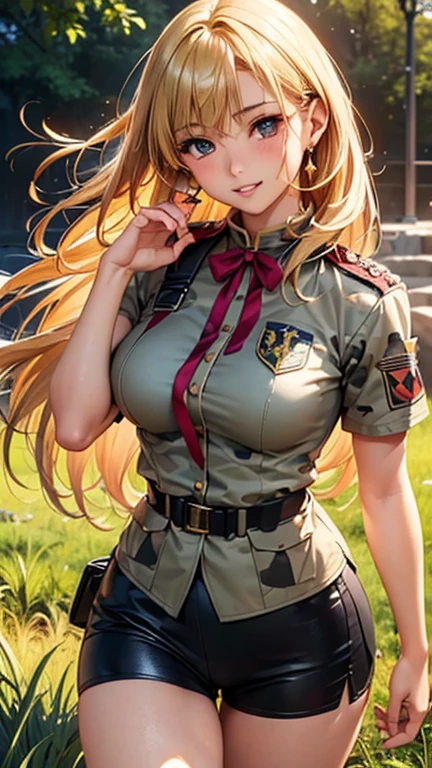 A girl is posing for a photo, cute女の子, Enchanting girl, Anime Girls, 
(((One Girl, Baby Face, cute, 16 years old))), 

(smile), 
(noon、(A garrison in the sunlight、grass)), ((Dynamic Pose、From before、Cowboy Shot))
BREAK 

(Blonde、Hair blowing in the wind、Straight Long Hair), (black eye, Slanted Eyes), BREAK 

(((militrous,uniform:1.4)))、Earrings、
BREAK 

(Symmetrical facial features, Perfect Face), (Beautiful breasts, (Ｃcup)), 
Beautiful body, Beautiful clavicle, Beautiful thighs, Beautiful feet, Perfect round butt, (Beautiful fingers), (((Detailed skin, Oily skin, Textured skin, Beautiful Skin))), 

Double eyelids, Long eyelashes, 
(Expression of fine eyes, Beautiful and delicate eyes, Sparkling eyes, Eye Reflexes), 
(Beautiful Nose,Thin Nose), 
(Glossy Lips, Beautiful Lips, thick lips), 
(Beautiful Hair, Shiny Hair, Shiny Hair)), 
BREAK 

(((highest quality)), ((masterpiece)), (Very detailed), (High resolution), (Beautiful detailed sparkle), (High detail), (Anatomically correct)), ((Realistic)), 
(The best CG), Ultra-detailed art, CG illustration, (16k, 1080P), Oil paints, 
