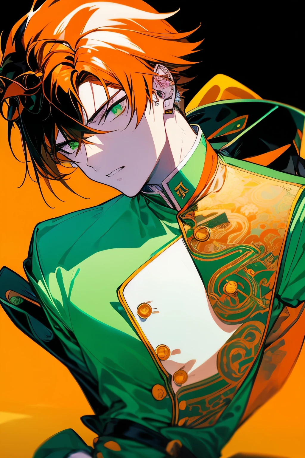 A male character with spiky, medium-length orange hair, green eyes, orange goatee with sideburns, wearing a green coat with yellow accents over a white shirt and an orange scarf or cravat, in a serious and contemplative pose, drawn in an anime style with a minimalistic white background and green specks, middle aged man.