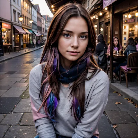 gritty raw photo of {beautiful young woman, 20 years old, long brown hair with colorful (violet, pink and blue) streaks, bright ...