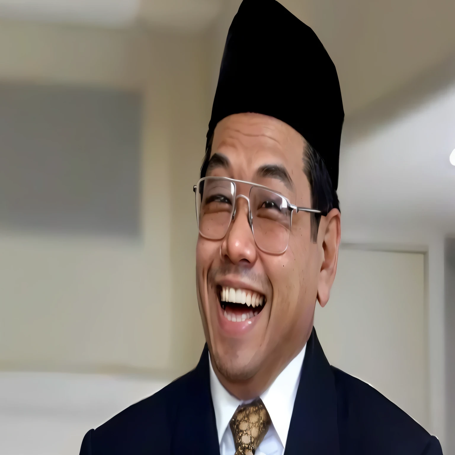 homem arafiado de terno e gravata, sorrindo e usando um chapéu, mutahar rindo, ele está sorrindo, sorriso insano, very sorriso enorme, Saadane AFIF, Ramil Sunga, Ismail, sorrindo presunçosamente, sorriso muito grande, inspirado em Basuki Abdullah, homem rindo, Malaio, sorriso enorme, Mohammed Chahin, sorrindo levemente,estilo de desenho animado