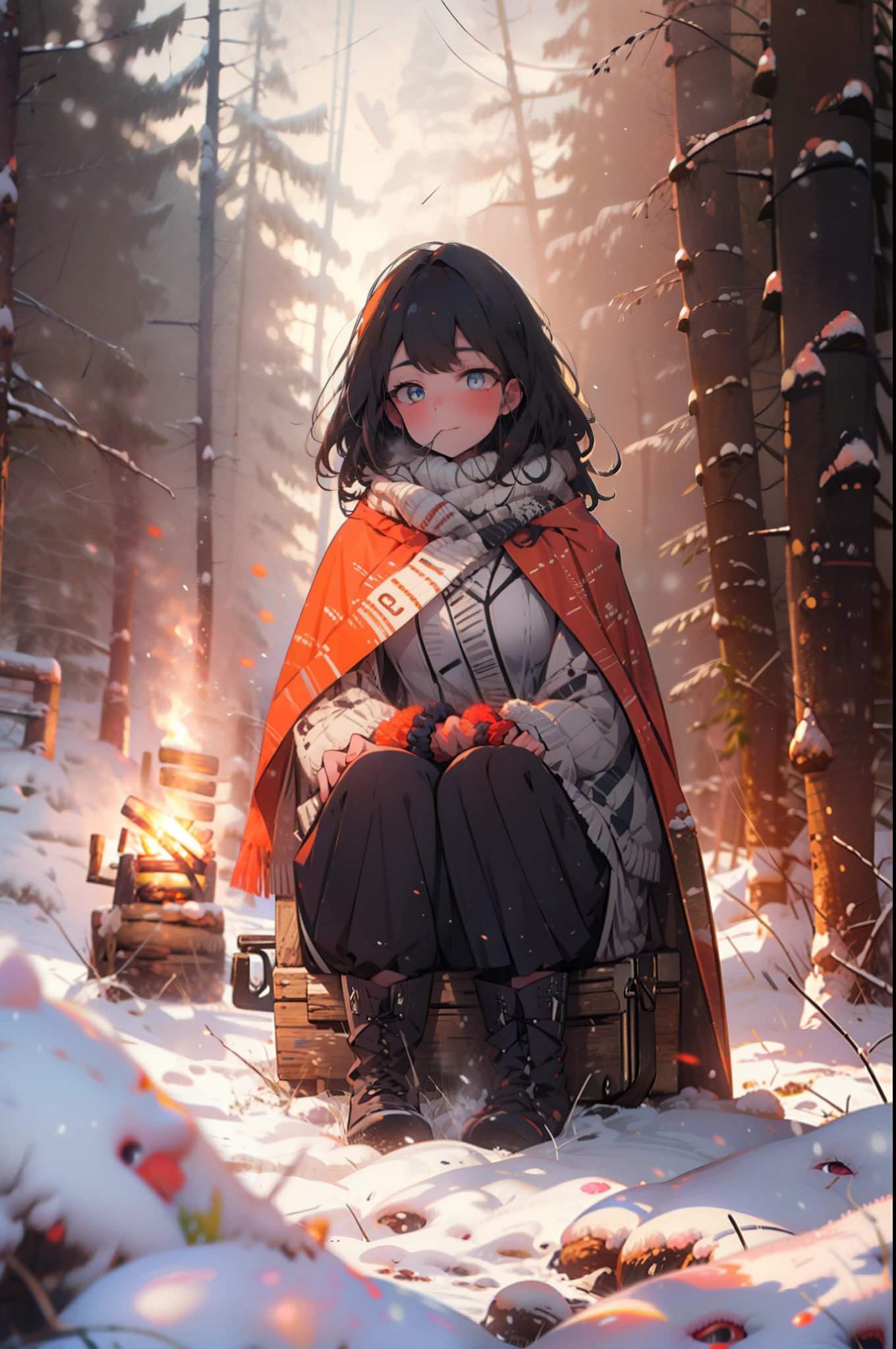 6 flowers, rikka takarada, Black Hair, blue eyes, Long Hair, orange Scrunchie, Scrunchie, wrist Scrunchie,smile,blush,White Breath,
Open your mouth,snow,Ground bonfire, Outdoor, boots, snowing, From the side, wood, suitcase, Cape, Blurred, Increase your meals, forest, White handbag, nature,  Squat, Mouth closed, フードed Cape, winter, Written boundary depth, Black shoes, red Cape break looking at viewer, Upper Body, whole body, break Outdoor, forest, nature, break (masterpiece:1.2), highest quality, High resolution, unity 8k wallpaper, (shape:0.8), (Beautiful and beautiful eyes:1.6), Highly detailed face, Perfect lighting, Extremely detailed CG, (Perfect hands, Perfect Anatomy),