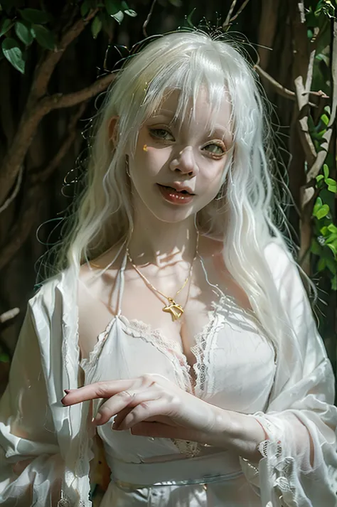 Cute 58 yo (albino:1.4) woman of Slavic descent. (short:1.1), long white hair, gray eyes, ((very pale:1.4)). Innocent look. Inno...