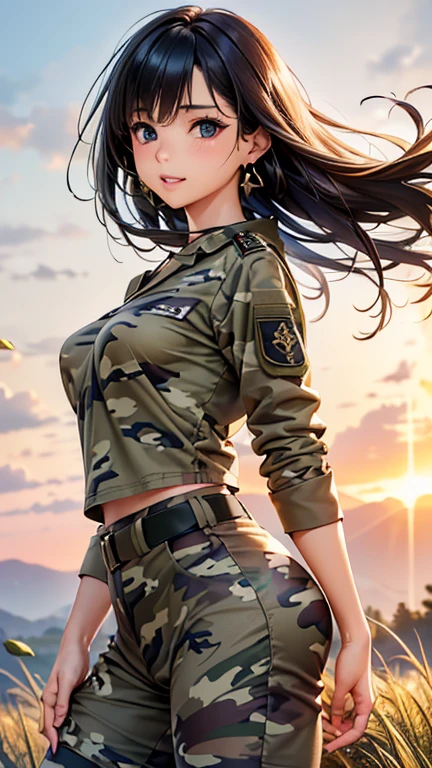 A girl is posing for a photo, cute女の子, Enchanting girl, Anime Girls, 
(((One Girl, Baby Face, cute, 16 years old))), 

(smile), 
(noon、(A garrison in the sunlight、grass)), ((Dynamic Pose、From before、Cowboy Shot))
BREAK 

(Black Hair、Hair blowing in the wind、Straight Long Hair), (black eye, Slanted Eyes), BREAK Women in the Military、(((militrous,uniform:1.4,Camouflage、Camouflage pants)))、Earrings、
BREAK 

(Symmetrical facial features, Perfect Face), (Beautiful breasts, (Ｃcup)), 
Beautiful body, Beautiful clavicle, Beautiful thighs, Beautiful feet, Perfect round butt, (Beautiful fingers), (((Detailed skin, Oily skin, Textured skin, Beautiful Skin))), 

Double eyelids, Long eyelashes, 
(Expression of fine eyes, Beautiful and delicate eyes, Sparkling eyes, Eye Reflexes), 
(Beautiful Nose,Thin Nose), 
(Glossy Lips, Beautiful Lips, thick lips), 
(Beautiful Hair, Shiny Hair, Shiny Hair)), 
BREAK 

(((highest quality)), ((masterpiece)), (Very detailed), (High resolution), (Beautiful detailed sparkle), (High detail), (Anatomically correct)), ((Realistic)), 
(The best CG), Ultra-detailed art, CG illustration, (16k, 1080P), Oil paints, 
