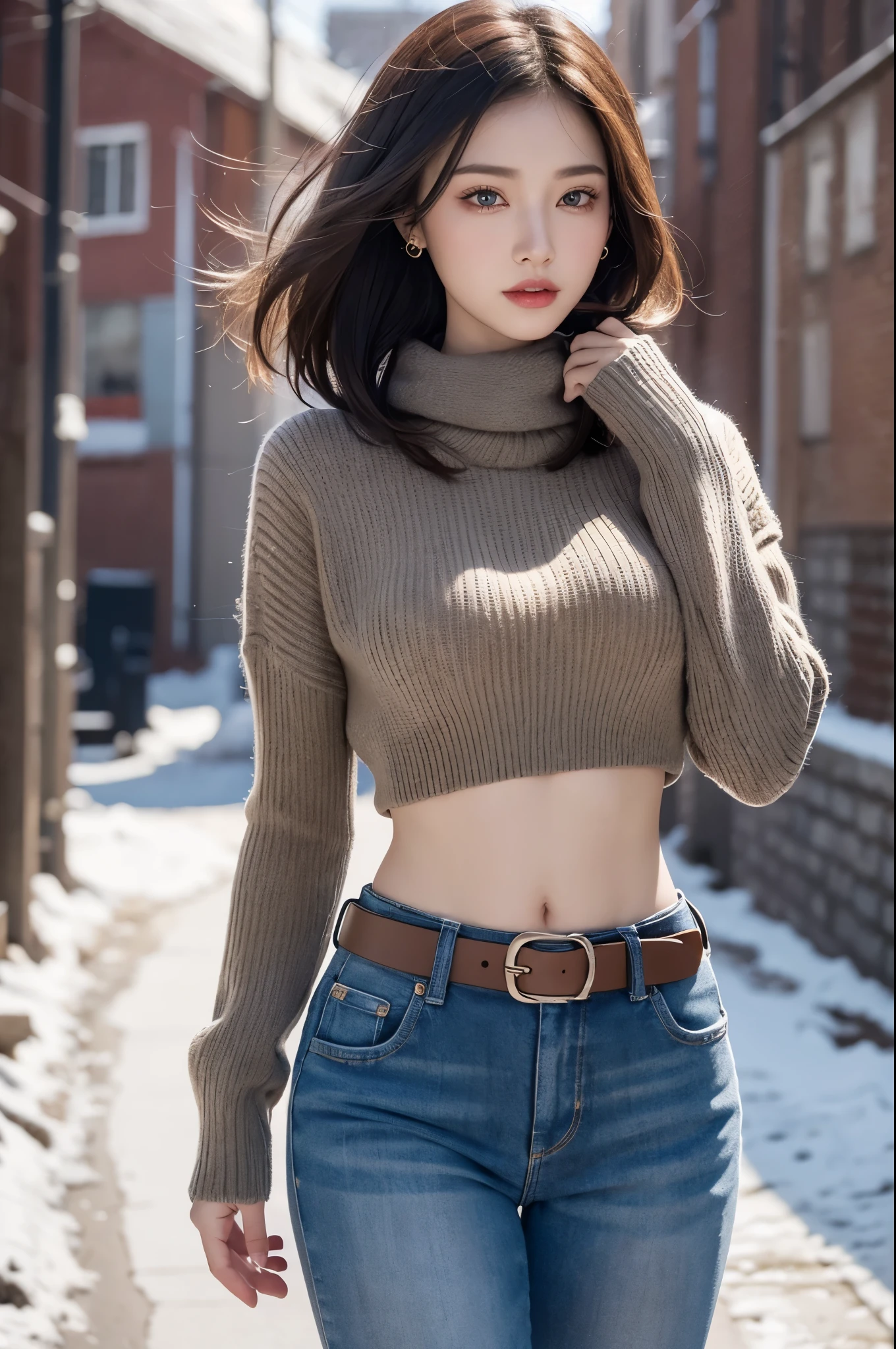a girl in cold winter, exposed midriff cropped sweater, completely bare abdomen, low waist pants, leather belt, sensual, beautiful detailed eyes, beautiful detailed lips, extremely detailed eyes and face, long eyelashes, 1girl, illustration, oil painting, 3D render, photography, winter scenery, snowy landscape, cold atmosphere, warm lighting, cinematic lighting, dramatic lighting, muted colors, cool tones, (best quality,4k,8k,highres,masterpiece:1.2),ultra-detailed,(realistic,photorealistic,photo-realistic:1.37),HDR,UHD,studio lighting,ultra-fine painting,sharp focus,physically-based rendering,extreme detail description,professional,vivid colors,bokeh