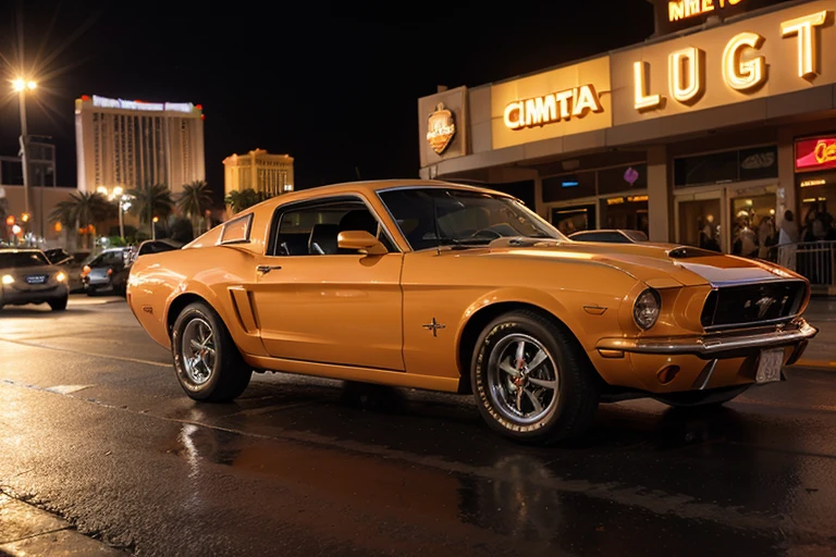 日出時在拉斯維加斯大道上超速行駛的經典橙色野馬汽車的動態藝術照片, 黃金時間, 電影燈光, 長長的影子