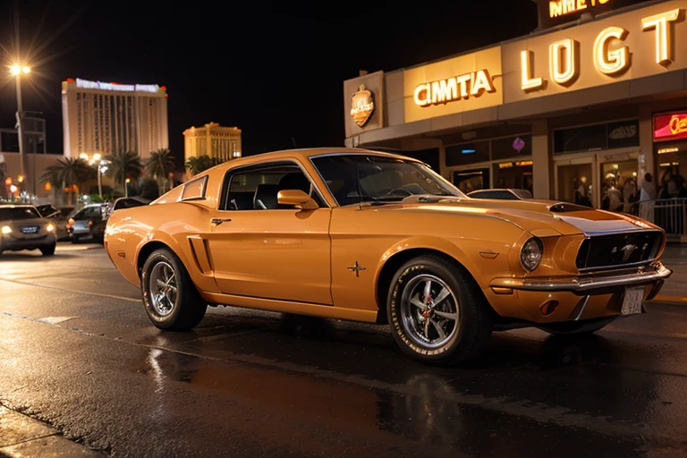 dynamisches künstlerisches Foto eines klassischen orangefarbenen Mustang-Autos, das bei Sonnenaufgang auf dem Las Vegas Strip rast, Goldene Stunde, filmische Beleuchtung, lange Schatten