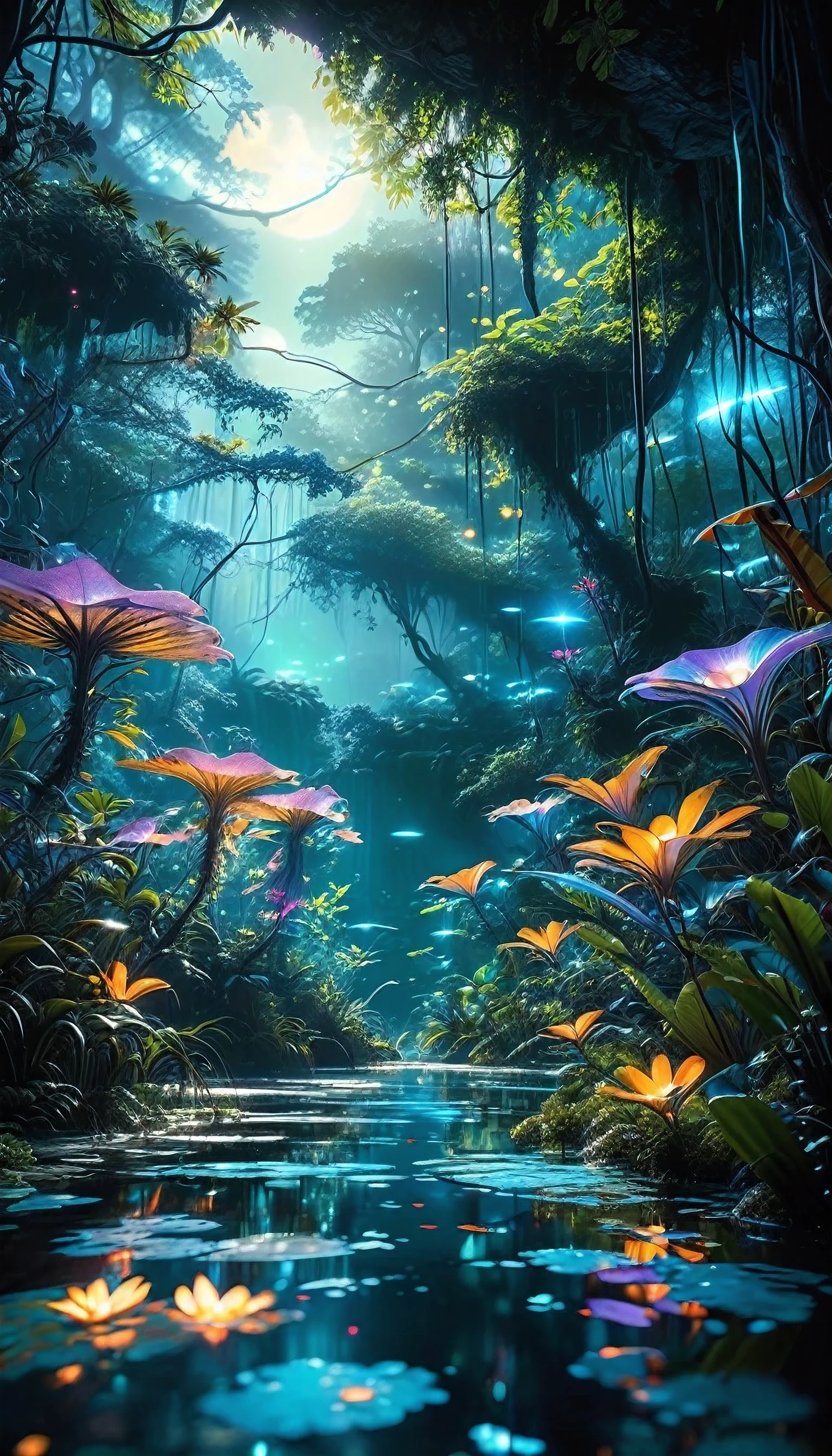 Create an enthralling scene of a nighttime safari in a bioluminescent jungle, rendered in highly detailed digital art with 4K and 8K resolutions, using Octane and inspired by the style of Avatar. This concept art should be a masterpiece of official illustration, merging realism and fantastical elements to achieve the highest quality.

The landscape is a dense, tropical jungle, illuminated by the glow of bioluminescent plants and creatures. Towering trees with luminescent vines create a canopy that filters the moonlight, casting a surreal, bluish tint over the jungle floor. Exotic flowers and fungi emit soft, multicolored glows, lighting up the night.

In the midst of this jungle, a safari group navigates through the dense foliage, their path illuminated by the surrounding bioluminescence. Their presence stirs the nocturnal wildlife, including ethereal, glowing insects and majestic creatures that blend realism with fantastical elements. The distant sound of flowing water adds to the ambiance, suggesting a hidden waterfall nearby.

The night sky is visible through gaps in the canopy, revealing a myriad of stars and distant galaxies. The interplay between the natural light of the stars and the bioluminescence of the jungle creates a mesmerizing atmosphere.

The composition focuses on the interplay between the grand, towering trees and the delicate details of the glowing flora and fauna. The rendering by Octane captures the textures of the jungle, the light reflections, and the dynamic movement of the safari group, creating a scene of stunning realism and fantasy.

Every element, from the intricate leaves to the glowing creatures, is meticulously crafted to create a vivid and immersive experience. This digital artwork embodies the imaginative and perfect composition envisioned by artists like James Cameron and Roger Deakins, making it a true masterpiece.