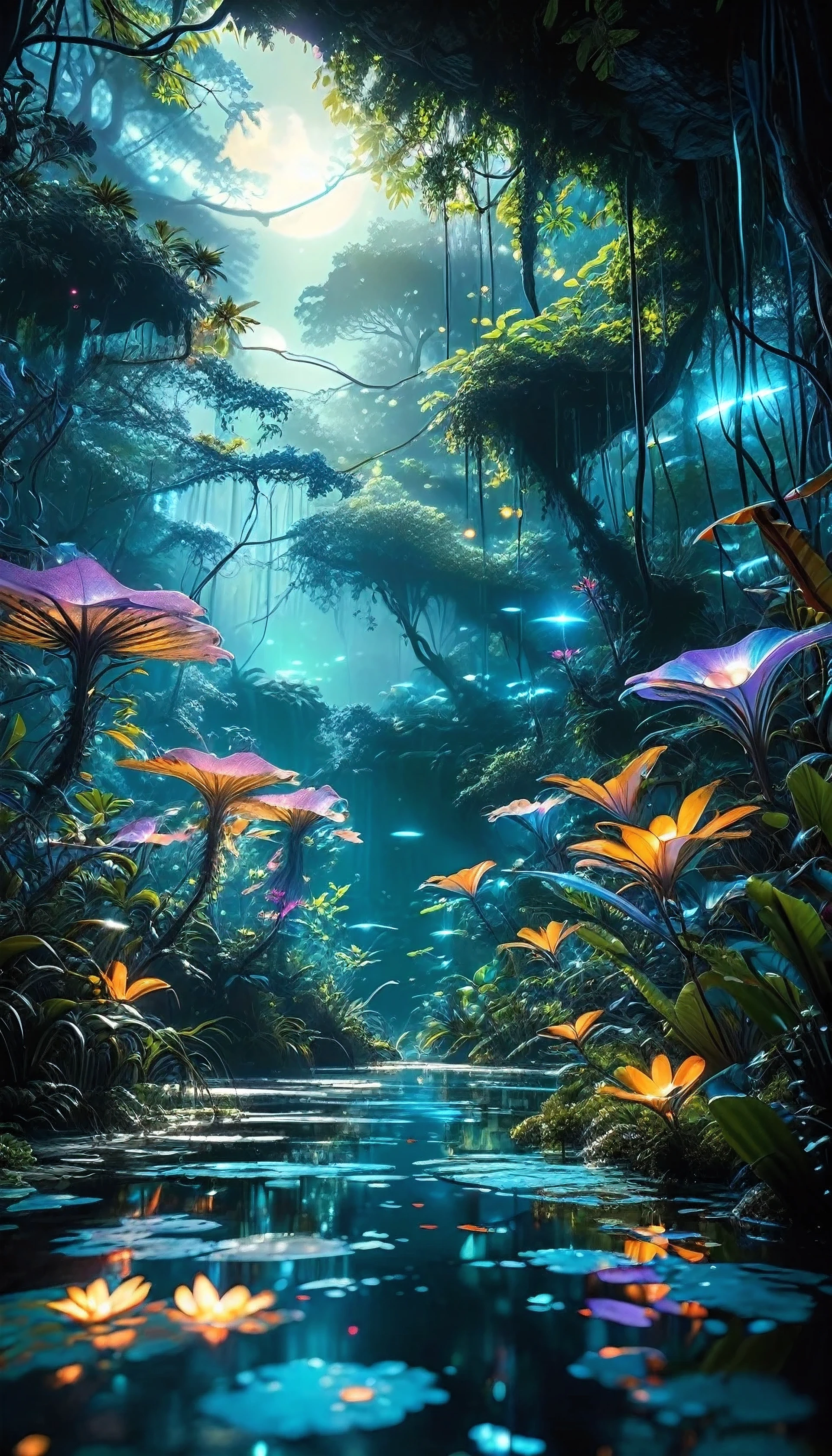 Créez une scène captivante de safari nocturne dans une jungle bioluminescente, rendu dans un art numérique très détaillé avec des résolutions 4K et 8K, utilisant Octane et inspiré par le style d&#39;Avatar. Ce concept art devrait être un chef-d’œuvre de l’illustration officielle, fusionnant le réalisme et les éléments fantastiques pour atteindre la plus haute qualité.

Le paysage est dense, Jungle tropicale, illuminé par la lueur des plantes et des créatures bioluminescentes. Des arbres imposants aux vignes luminescentes créent une canopée qui filtre le clair de lune, Casting d’un surréaliste, teinte bleutée sur le sol de la jungle. Les fleurs et les champignons exotiques émettent une douce, lueurs multicolores, illuminer la nuit.

Au milieu de cette jungle, un groupe de safari navigue à travers la végétation dense, leur chemin éclairé par la bioluminescence environnante. Leur présence attise la faune nocturne, y compris éthéré, des insectes lumineux et des créatures majestueuses qui mélangent réalisme et éléments fantastiques. Le bruit lointain de l&#39;eau qui coule ajoute à l&#39;ambiance, suggérant une cascade cachée à proximité.

Le ciel nocturne est visible à travers les trous dans la canopée, révélant une myriade d&#39;étoiles et de galaxies lointaines. L&#39;interaction entre la lumière naturelle des étoiles et la bioluminescence de la jungle crée une atmosphère envoûtante.

La composition se concentre sur l&#39;interaction entre le grand, des arbres imposants et les détails délicats de la flore et de la faune éclatantes. Le rendu d&#39;Octane capture les textures de la jungle, les reflets de lumière, et le mouvement dynamique du groupe de safari, créer une scène d&#39;un réalisme et d&#39;une fantaisie époustouflants.

Chaque élément, des feuilles complexes aux créatures lumineuses, est méticuleusement conçu pour créer une expérience vivante et immersive. Cette œuvre d&#39;art numérique incarne la composition imaginative et parfaite imaginée par des artistes comme James Cameron et Roger Deakins, ce qui en fait un véritable chef-d&#39;œuvre.