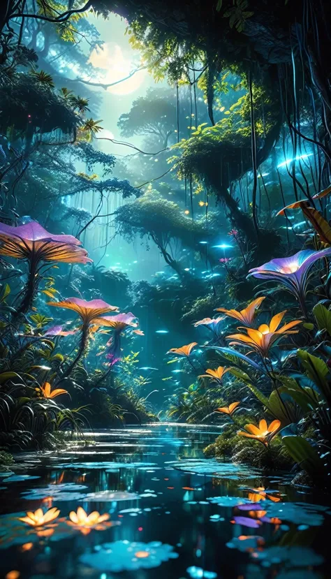 Create an enthralling scene of a nighttime safari in a bioluminescent jungle, rendered in highly detailed digital art with 4K an...