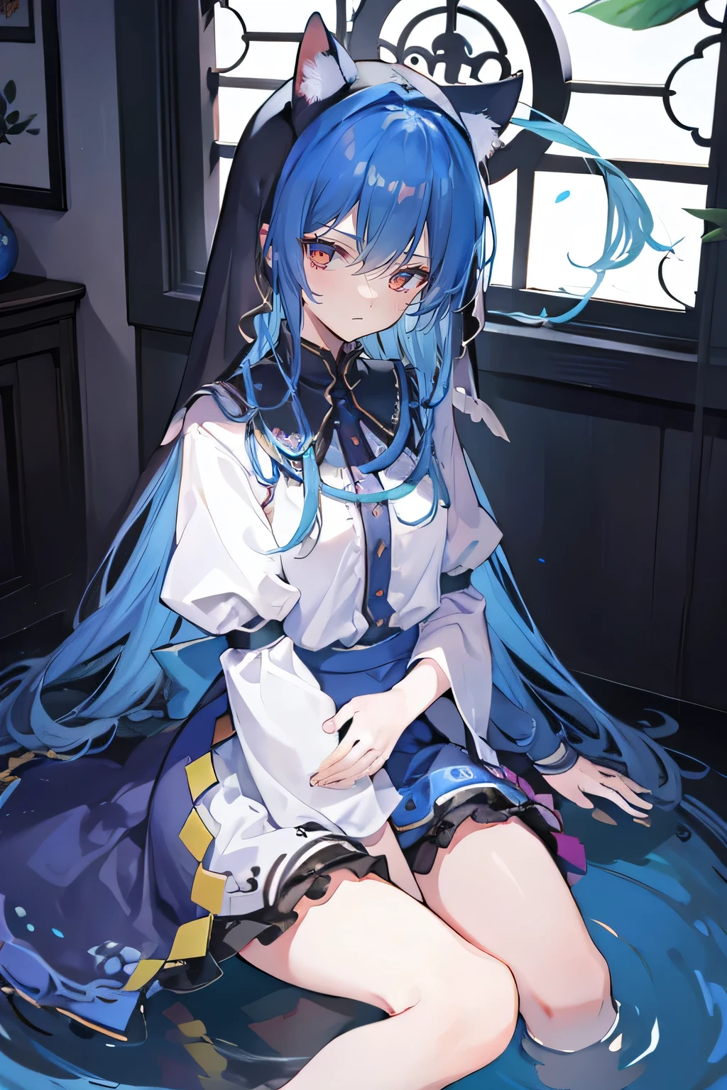 (masterpiece:1.2),Extremely detailed,Practical,expressive eyes,Fair skin,Perfect face shaping,1 Girl,
Japanese cartoons,Gorgeous blue hair, the long flowing blue hair,Floating clothes,Cat ears,Petals fall,beautiful lola,Young Angel,
Place your hands on your waist,sit elegantly on the ground,Cross your legs,Gentle and peaceful background,stately church,nun,lie on the water,Blackening,A look of disdain.