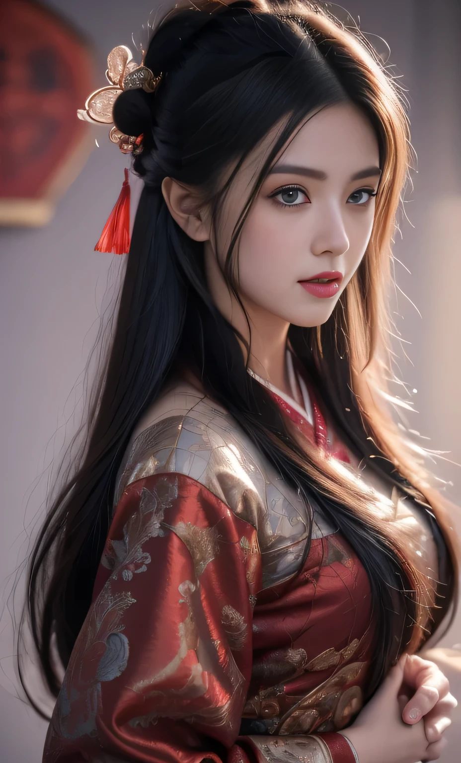 1 girl, Miss, Handsome, ink, Chinese armor, ((2.5D)), Black Hair, Flowing hair, Delicateeyes, Black and red antique brocade Hanfu, Field of view, (F1.8), (masterpiece), (Portrait shoot), front Photo, White background, (poster)