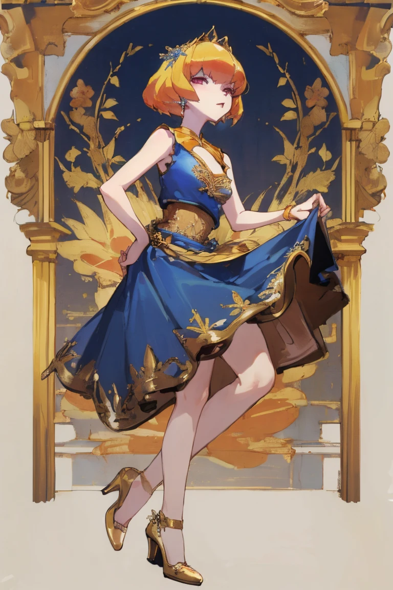 ((highest quality)), ((masterpiece)), (be familiar with),Clementine,Overload,nsfw,Sleeveless dress,Gorgeous blue dress,Gold embroidery,High heels,Fascinating,Long skirt