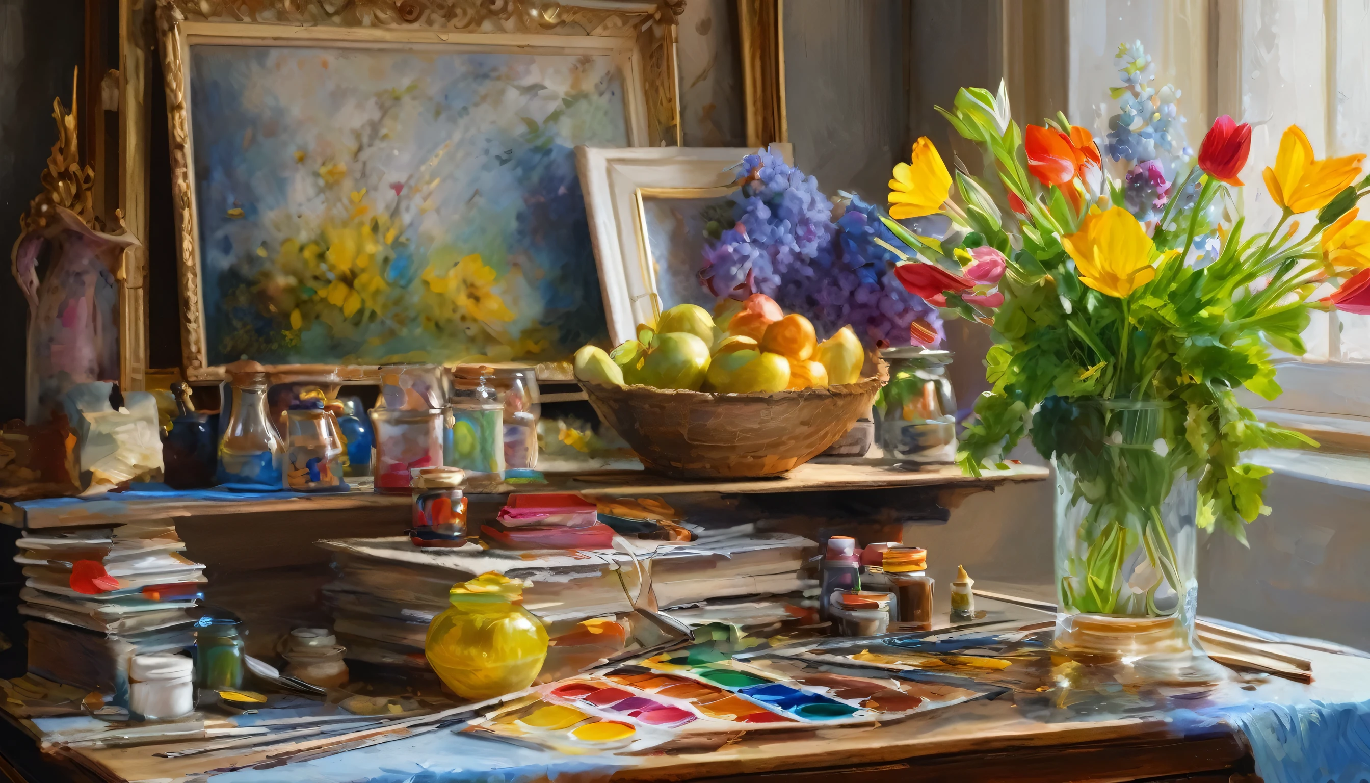 (Still life with art materials, illustration with paints and brushes, palette with paint, antique columns, flowers, art school, splashes of paint, best quality, 4k, 8k, highres, masterpiece:1.2, ultra-detailed, realistic, photorealistic, photo-realistic:1.37, oil painting, fine art, detailed, intricate, natural lighting, vibrant colors, classical, elegant, refined, sophisticated)