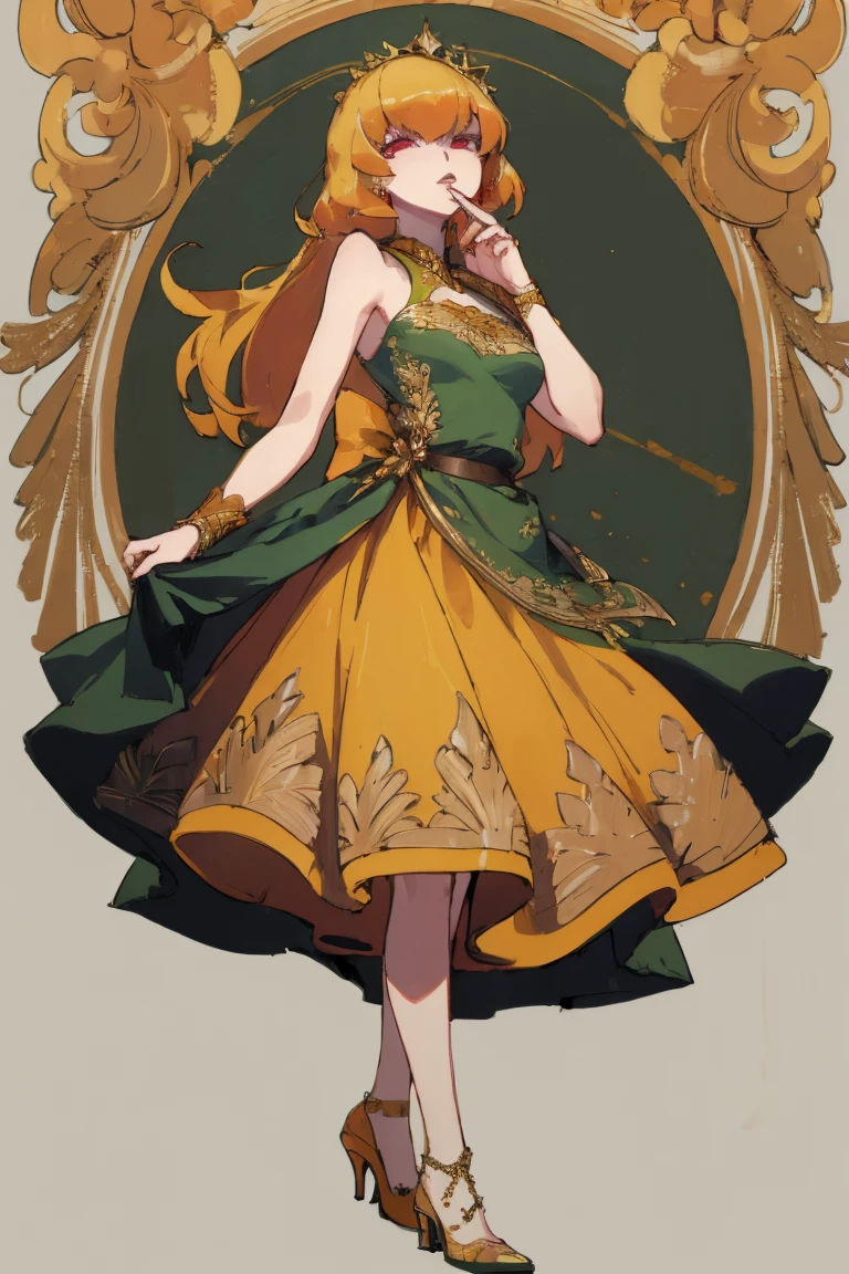 ((highest quality)), ((masterpiece)), (be familiar with),Clementine,Overload,nsfw,Sleeveless dress,Gorgeous green dress,Gold embroidery,High heels,Fascinating,Long skirt