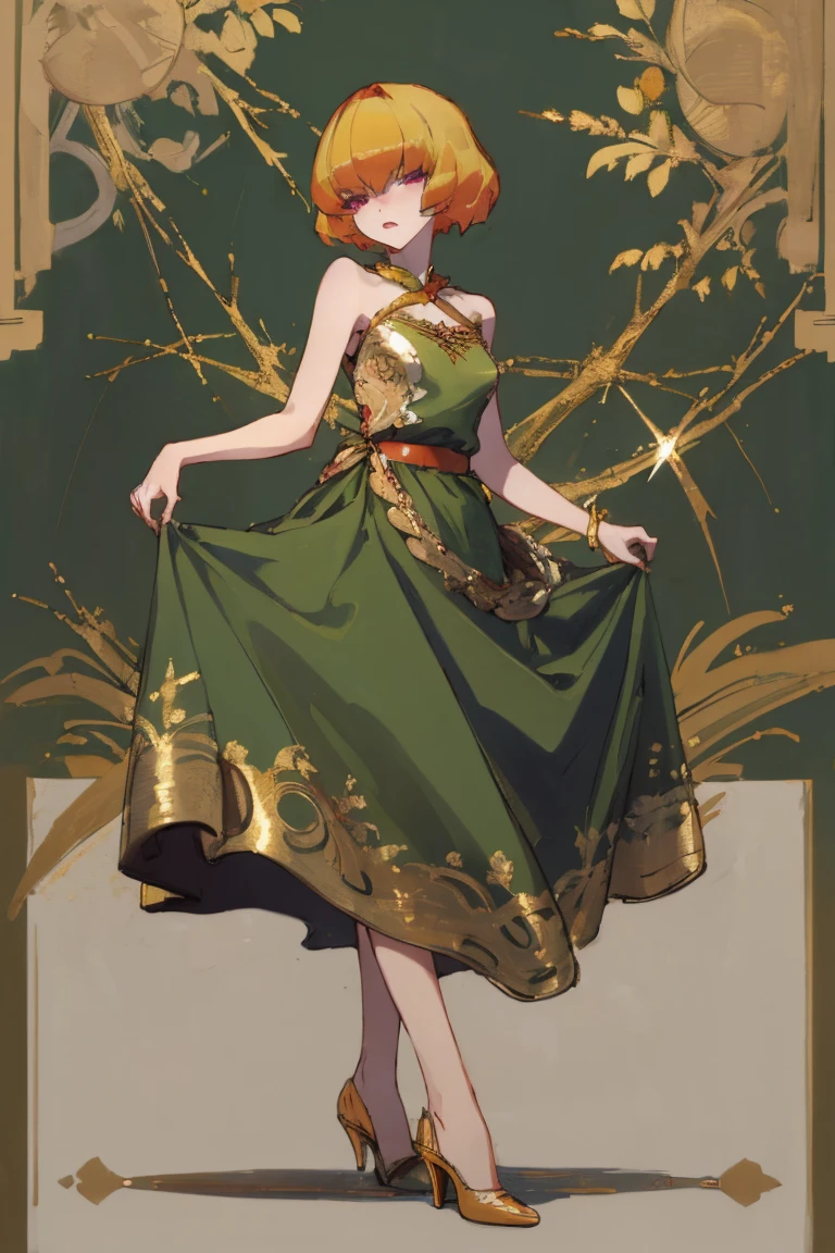 ((highest quality)), ((masterpiece)), (be familiar with),Clementine,Overload,nsfw,Sleeveless dress,Gorgeous green dress,Gold embroidery,High heels,Fascinating,Long skirt