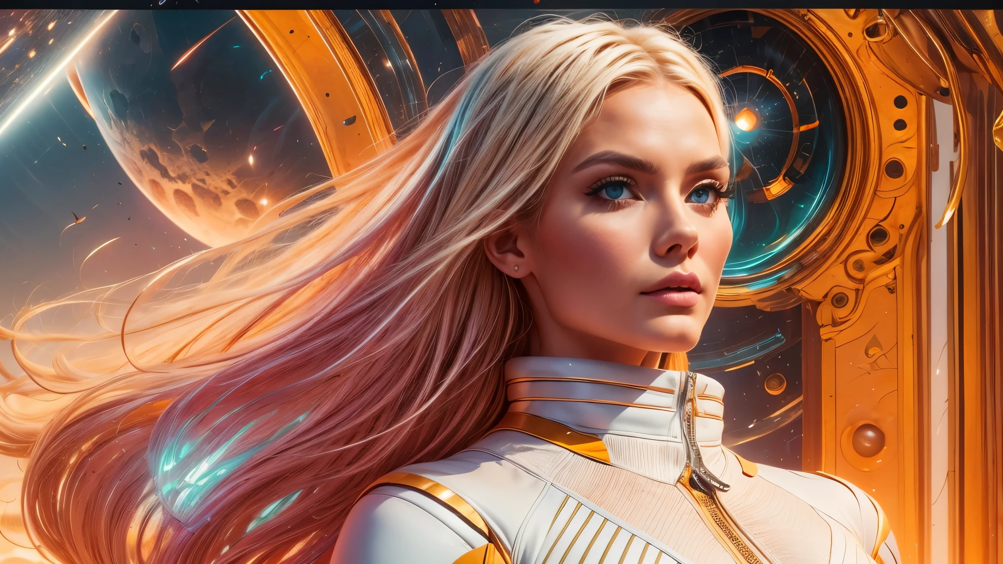 arafed image of a white woman in a futuristic suit with a spaceship in the background, movie art, in front of an orange background, inspired by Robert McGinnis, female protagonist, megastructure in the background, portrait of an ai astronaut, astronauts, an astronaut, portrait of a astronaut skeletor, perfect android girl, detailed eyes, perfectly detailed teeth, frank franzzeta and sakimichan  