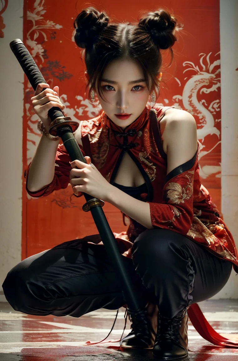 ultra high resolution,((masterpiece))),(((best quality))),((super detailed)),((extremely delicate and beautiful)),solo,
xuer ai yazawa style girl,1girl,solo,black hair,hair bun,chinese clothes,holding,holding weapon,double bun,bangs,blunt bangs,one knee,looking at viewer,jewelry,earrings,red background,long sleeves,eastern dragon,katana,closed mouth,black pants,dragon,black footwear,ezh,anatomical correct：2
(disgust:1.3),
