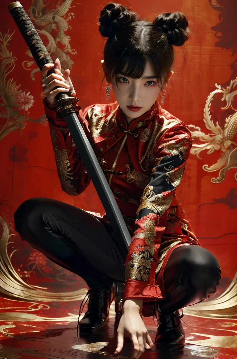 ultra high resolution,((masterpiece))),(((best quality))),((super detailed)),((extremely delicate and beautiful)),solo, xuer ai yazawa style girl,1girl,solo,black hair,hair bun,chinese clothes,holding,holding weapon,double bun,bangs,blunt bangs,one knee,looking at viewer,jewelry,earrings,red background,long sleeves,eastern dragon,katana,closed mouth,shiny tight leggings,dragon,black footwear,ezh,anatomical correct：2 (disgust:1.3),