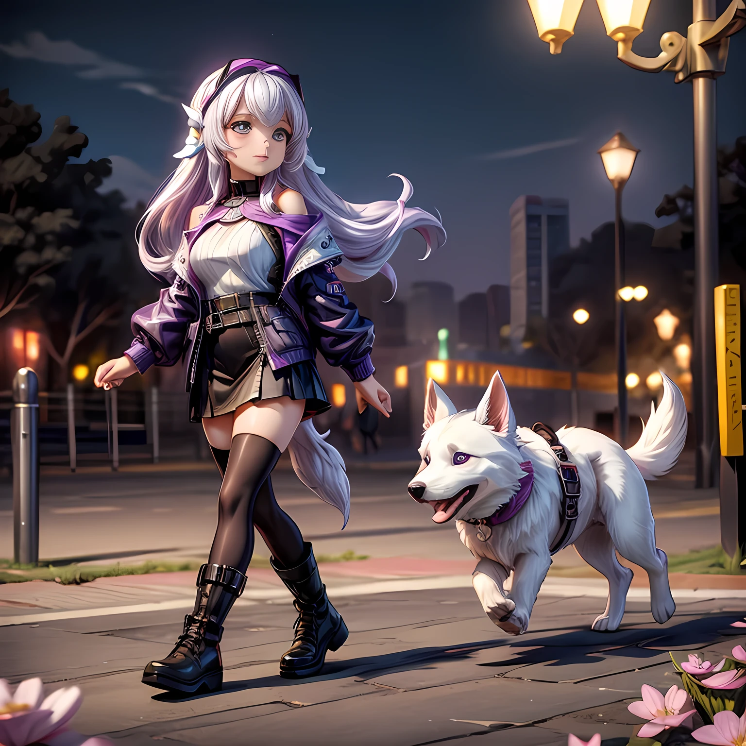 sdcgsd, masterpiece, best quality, 1girl and dog, walking with dog, (in the spring night park:1.3), Purple White Gradient Long Hair, Kind, Cyber Suit, off-shoulder, black skirt, black stockings, black boots,