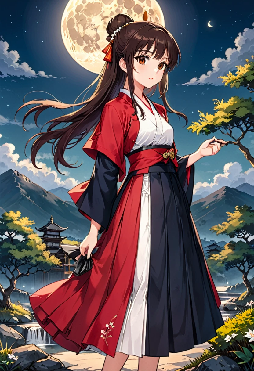 90s Cartoons, 1girl, solo, dress, full moon, hakama, hakama skirt, japanese clothes, moon, moonlight, outdoors, red hakama, skirt, (masterpiece, best quality, Professional, perfect composition, very aesthetic, absurdres, ultra-detailed, intricate details:1.3)