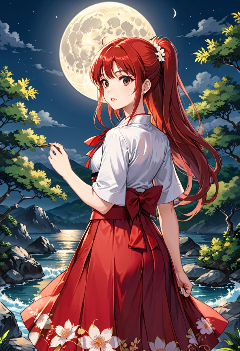 90s Cartoons, 1girl, solo, dress, full moon, hakama, hakama skirt, japanese clothes, moon, moonlight, outdoors, red hakama, skirt, (masterpiece, best quality, Professional, perfect composition, very aesthetic, absurdres, ultra-detailed, intricate details:1.3)