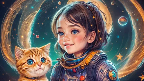 Cartoon illustration of a boy and a girl in space with cat, official fan art, in space, kitten in outer space, in outer space, i...