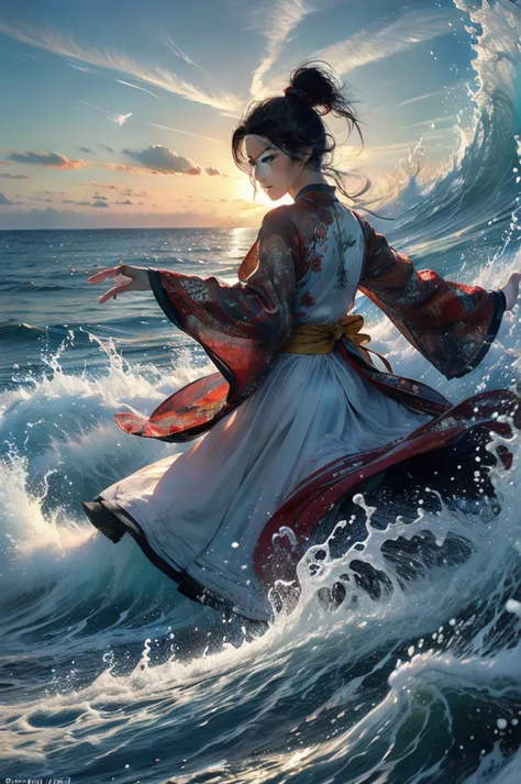 1girl, waves, water, solo, ponytail, black hair, long hair, jewelry, dress, chinese clothes, looking at viewer, splashing, sky, ...