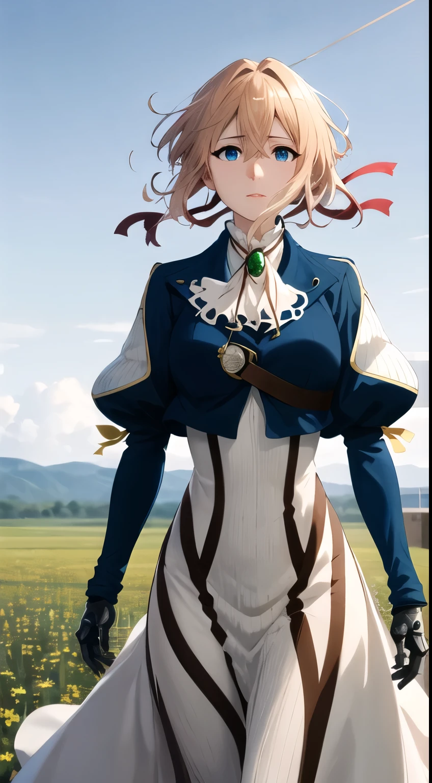 , best quality, highres, violet evergarden, braid, hair ribbon, red ribbon, jewelry, white ascot, brooch, blue jacket, long sleeves, mechanical hands, white dress, long dress, outdoors, field, hand on own chest, wind, floating hair, standing, cowboy shot,
