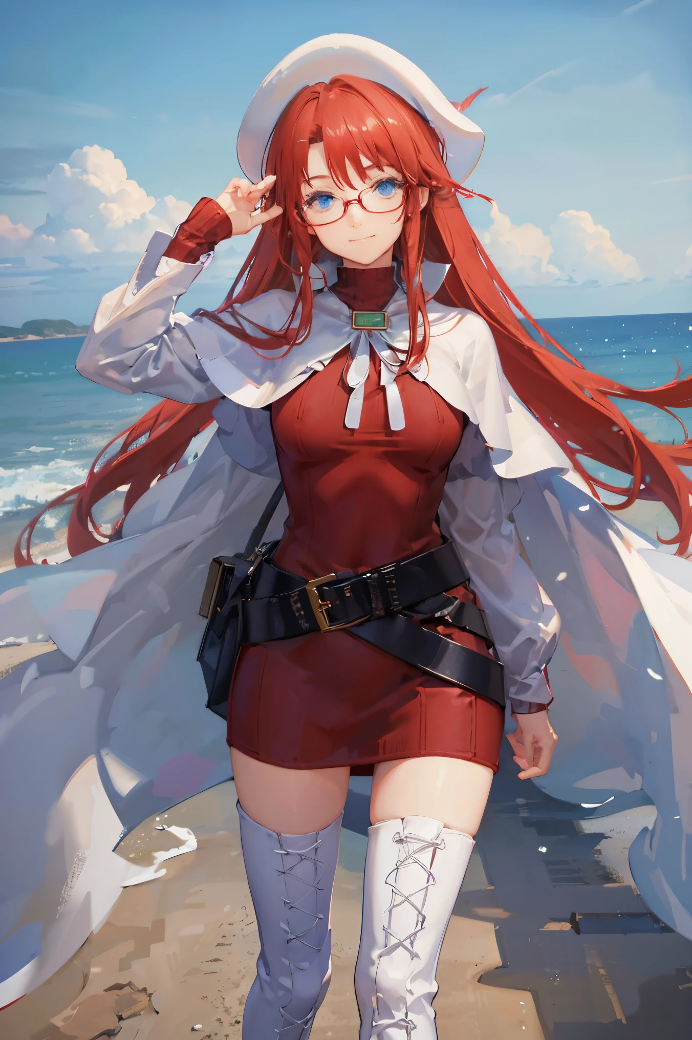 summonnightaty, aty, (young:1.3),long hair, blue eyes, red hair, big_berets, hat, glasses,
BREAK long hair, thighhighs, hat, dress, boots, glasses, belt, cape, sweater, zettai ryouiki, beret, thigh boots, white footwear, ribbed sweater, loose belt,solo,
BREAK outdoors, fantasy,on_beach,
,Highquality_hads,perfect_fingers,
BREAK (masterpiece:1.2), best quality, high resolution, unity 8k wallpaper, (illustration:0.8), (beautiful detailed eyes:1.6), extremely detailed face, perfect lighting, extremely detailed CG, (perfect hands, perfect anatomy),covered_nipples,covered_navel ,half_eyes,long_sword,sleepy,standing,red_sweater,apart_knees,magical_effect,spread_legs, have_a_book,teacher,rise_knee,Smile,rise_hand,look_down_viewer,spread_arms,sea​_waves