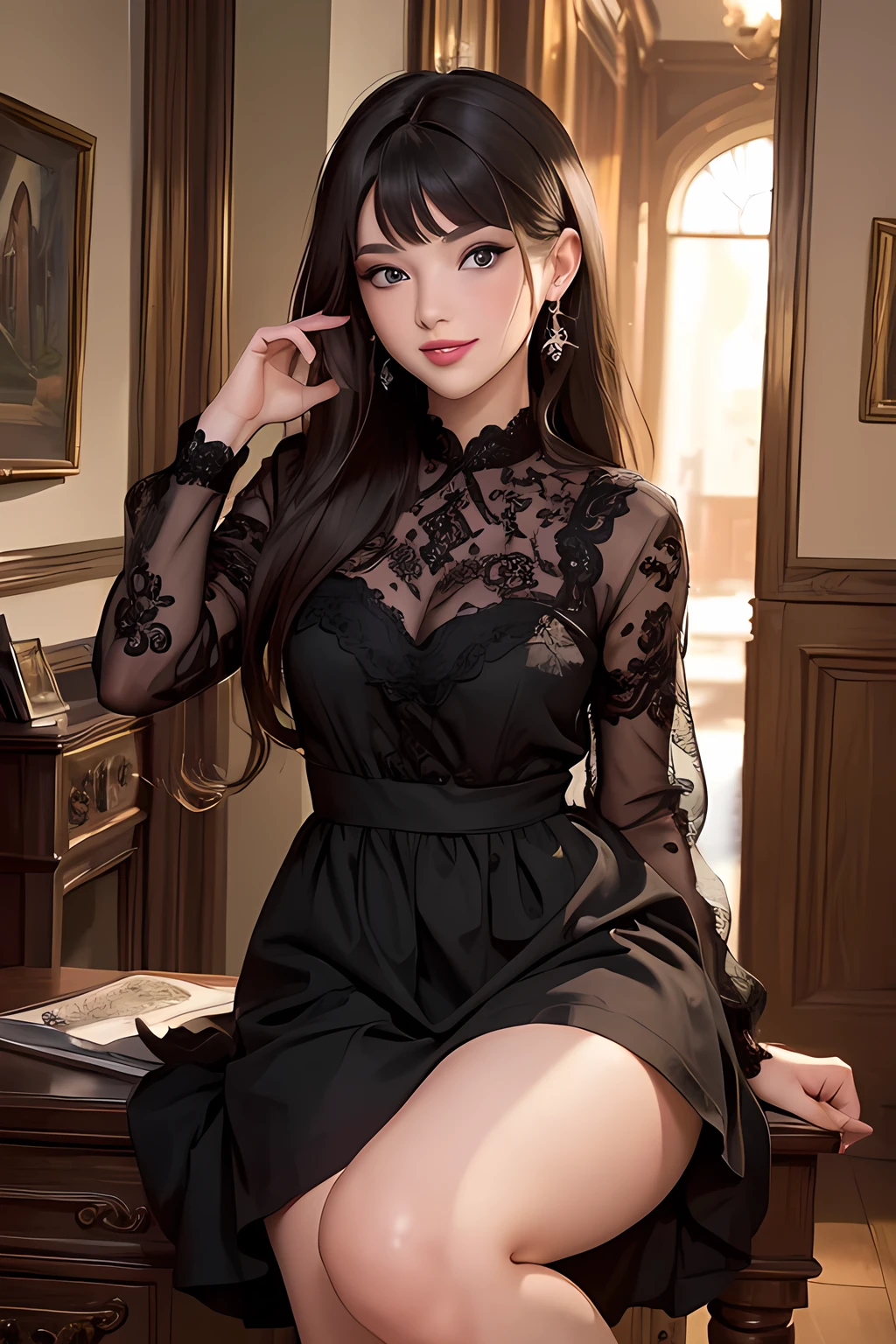 (Masterpiece, Best Quality, High Quality:1.4), professional artwork, well drawn, Intricate Details, field of view, race background, 
Long hair, lipstick, makeup, ultra detail hair, ultra detail face, perfect eyes, perfect face, earring,Looking at Viewer, flirting, smile, instagram pose, full body,
Short black casual dress,
Shoko Komi