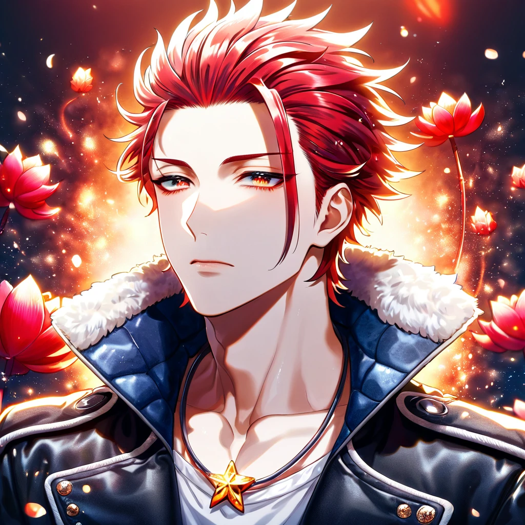 (absurdres, highres, ultra detailed, HDR) master piece, best quality, delicated features, Suoh Mikoto, red hair, hair is kept short, ruffled, slicked back and spiked, with two strands of hair near the opposite sides of his head falling over his face, expressive amber eyes, K Project, solo, sexy man, handsome, black leather jacket with a white fur collar, a white V-neck shirt underneath, silver star-shaped necklace, magical fantasy, red butterflies, glittering, sparkling, red lotus, petals, radiant, water, red fireflies