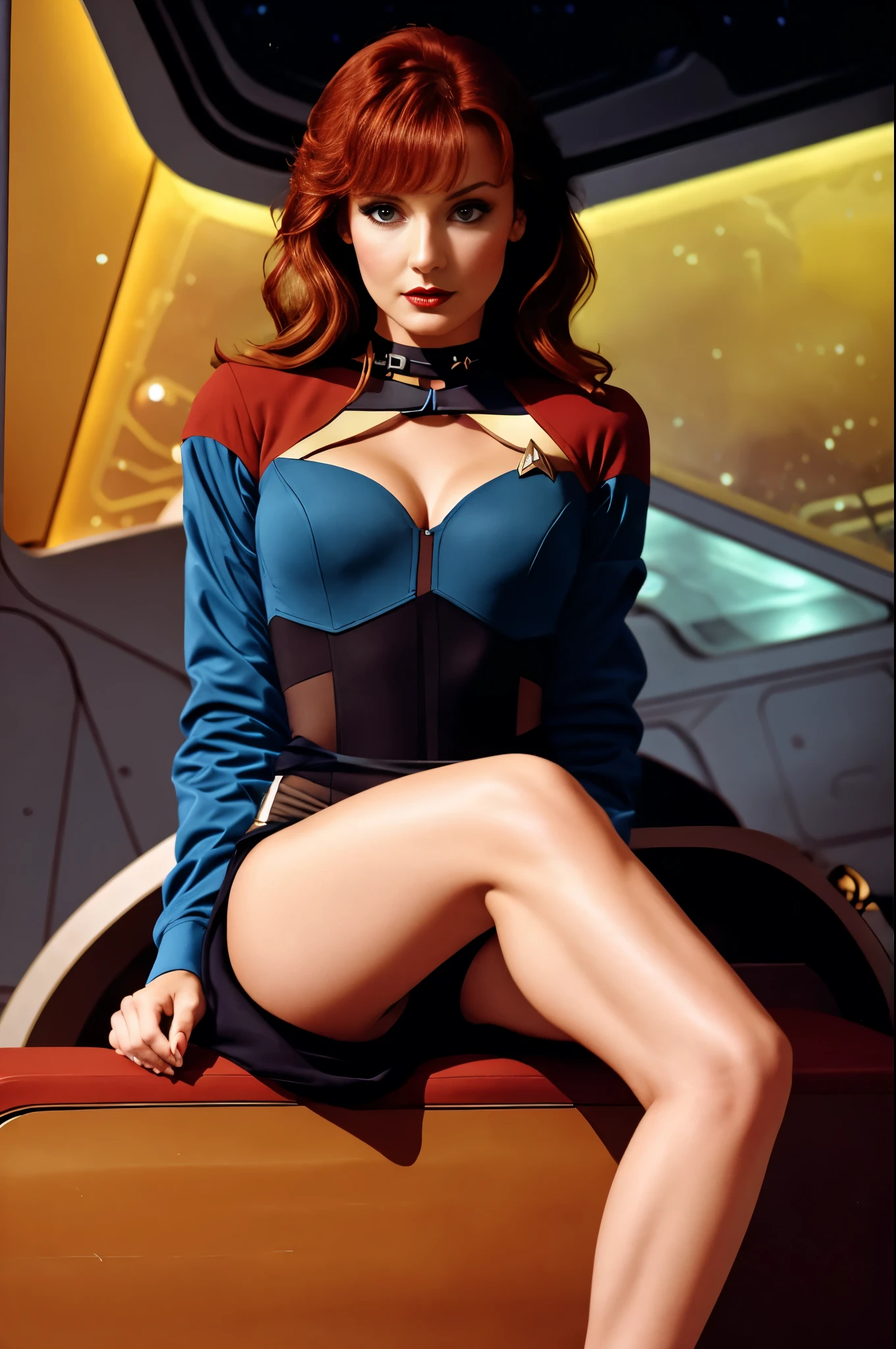 Seated, leaning back, flirting pose. Stunningly Beautiful redhead Star Trek stripper, Beverley crusher, 25 years old, athletic, ((muscular)). taking off of the jacket of her ((blue starfleet uniform)) on the starship enterprise. Lots of skin on show. High leg-line, Cleavage, bare midriff, ((Great thighs)), ((large breasts)), dark red lipstick makeup. pulling clothes. Dramatic lighting. Full length shot. Skimpy Mesh underwear, cutouts, choker, thong, stocking suspenders