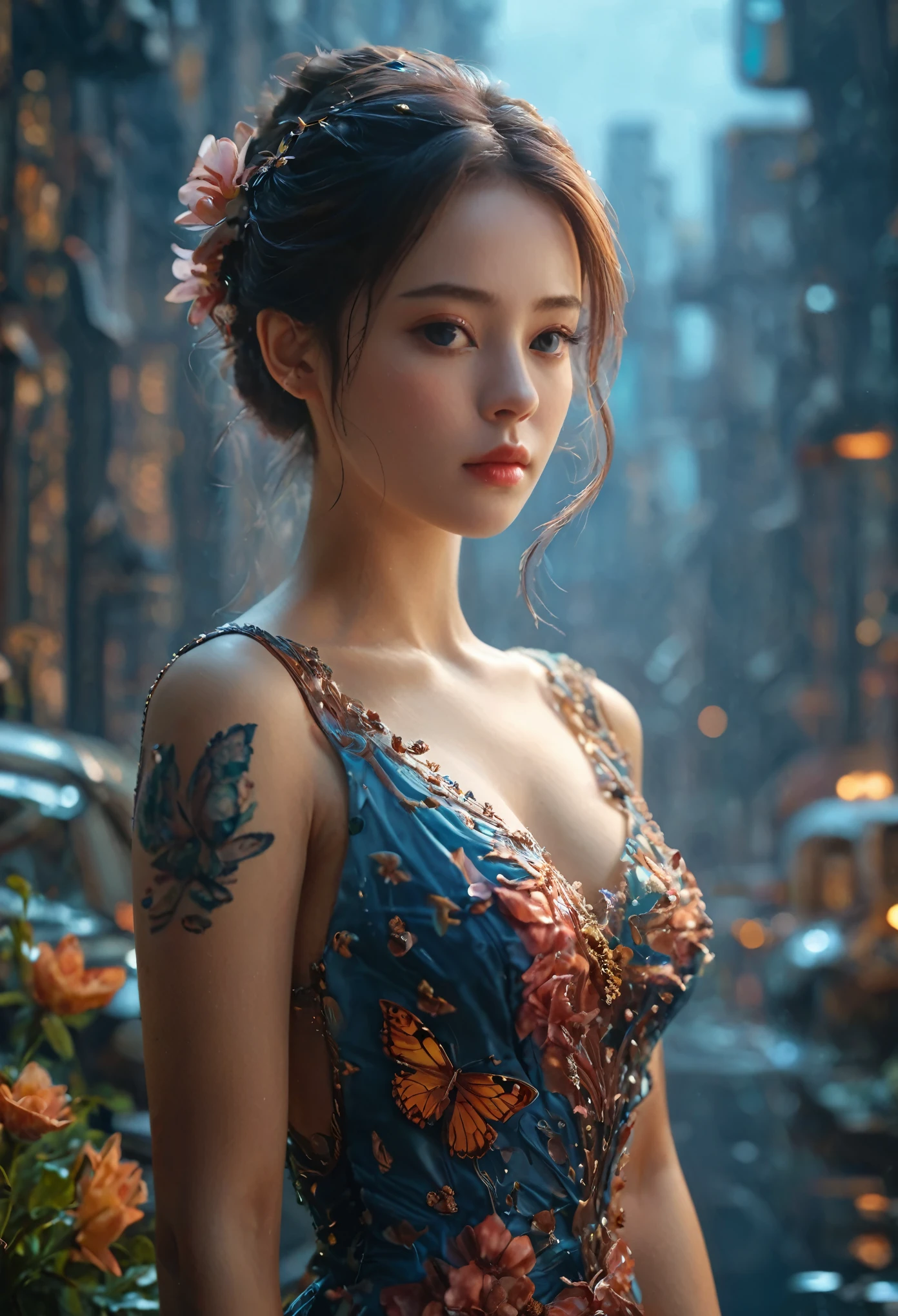 傑作, (最好的品質), ((最好的細節)), 景深, a 美麗的 girl, 美麗的脸蛋, 自然, , 開花, 多彩風景, 花朵, 蝴蝶, 發光連身裙, 元素, 未來城市、東京彌城、空機械車、夜晚、許多人被令人毛骨悚然的DNA包圍著."."艾格妮絲·塞西爾, 作者：安德烈·馬森 (安德烈·馬森), 法式培根, 4k, 複雜的細節, 注重細節, 获奖作品, 8K, 清晰的品質, 超現實主義, 精湛的工藝, 北非貿易區, 在桌子上, 甜的, 梅斯美瑞克, 夢幻般的, 引人注目, 不可抗拒的, 迷人, 傑出的, 聖, 美麗的, 出色的, 華麗的, 非常可愛的, 可愛的, 優雅, 驚人的, 水彩, , 藝術品, 美麗的 girl, 水紋, 鎖骨, 刺青, 明亮的棕色眼睛, 大氣戰, 全身視圖