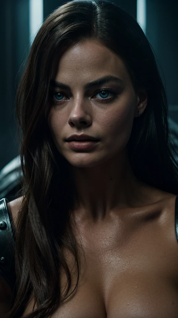 (obra de arte), melhor qualidade, Olhos expressivos, Rosto Perfeito, olhos detalhados, fantasia negra, Margot Robbie, guerreiro distópico,, fantasia negra,,,sombras neon escuras,,, vibração de terror,,, peito enorme de snoopy, Mulher Badass, sensual , fotografia de filmes ,, retrato em close, peito nu,,,