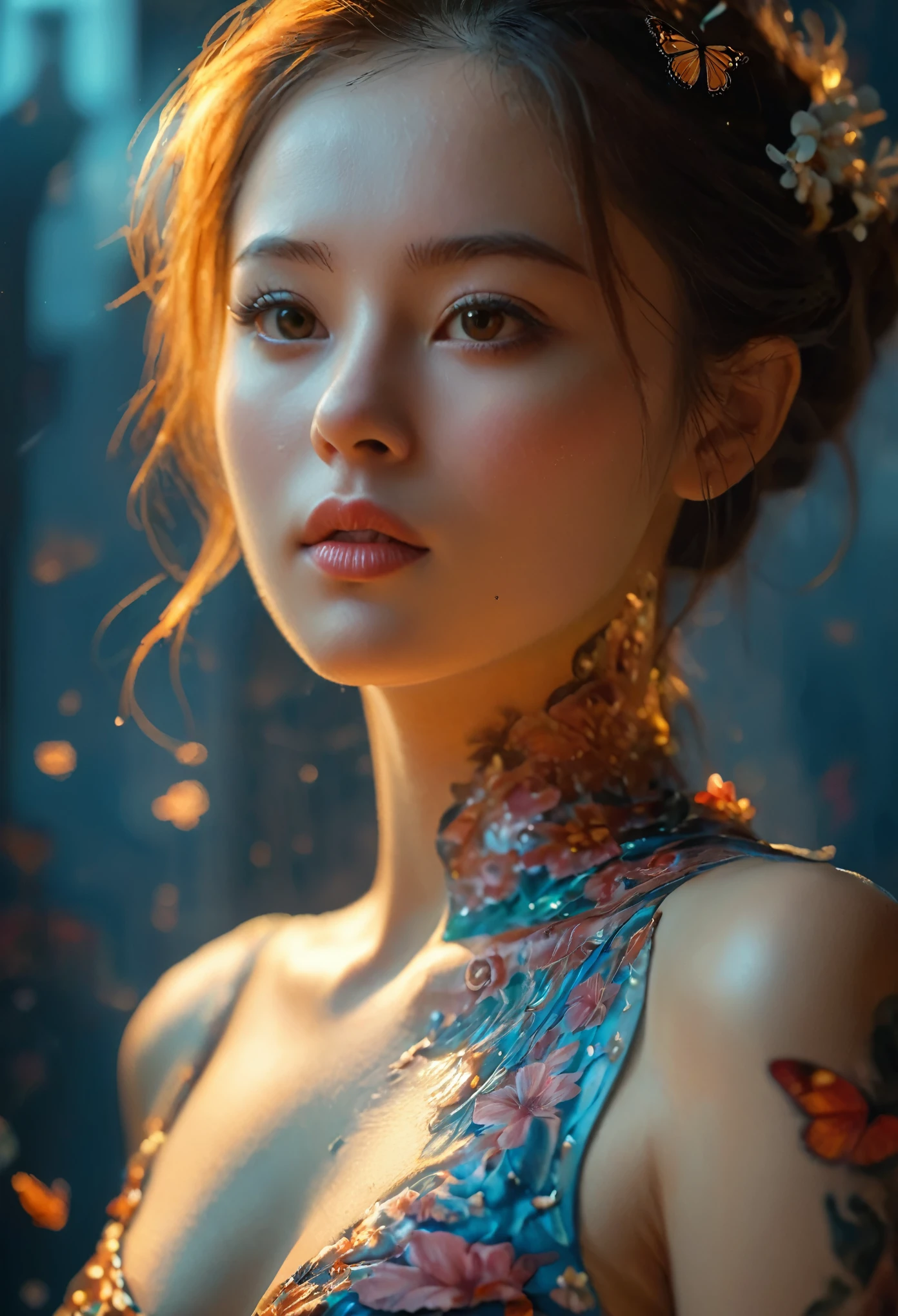 傑作, (最好的品質), ((最好的細節)), 景深, a 美麗的 girl, 美麗的脸蛋, 自然, , 開花, 多彩風景, 花朵, 蝴蝶, 發光連身裙, 元素, 未來城市、東京彌城、空機械車、夜晚、許多人被令人毛骨悚然的DNA包圍著."."艾格妮絲·塞西爾, 作者：安德烈·馬森 (安德烈·馬森), 法式培根, 4k, 複雜的細節, 注重細節, 获奖作品, 8K, 清晰的品質, 超現實主義, 精湛的工藝, 北非貿易區, 在桌子上, 甜的, 梅斯美瑞克, 夢幻般的, 引人注目, 不可抗拒的, 迷人, 傑出的, 聖, 美麗的, 出色的, 華麗的, 非常可愛的, 可愛的, 優雅, 驚人的, 水彩, , 藝術品, 美麗的 girl, 水紋, 鎖骨, 刺青, 明亮的棕色眼睛, 大氣戰, 全身視圖