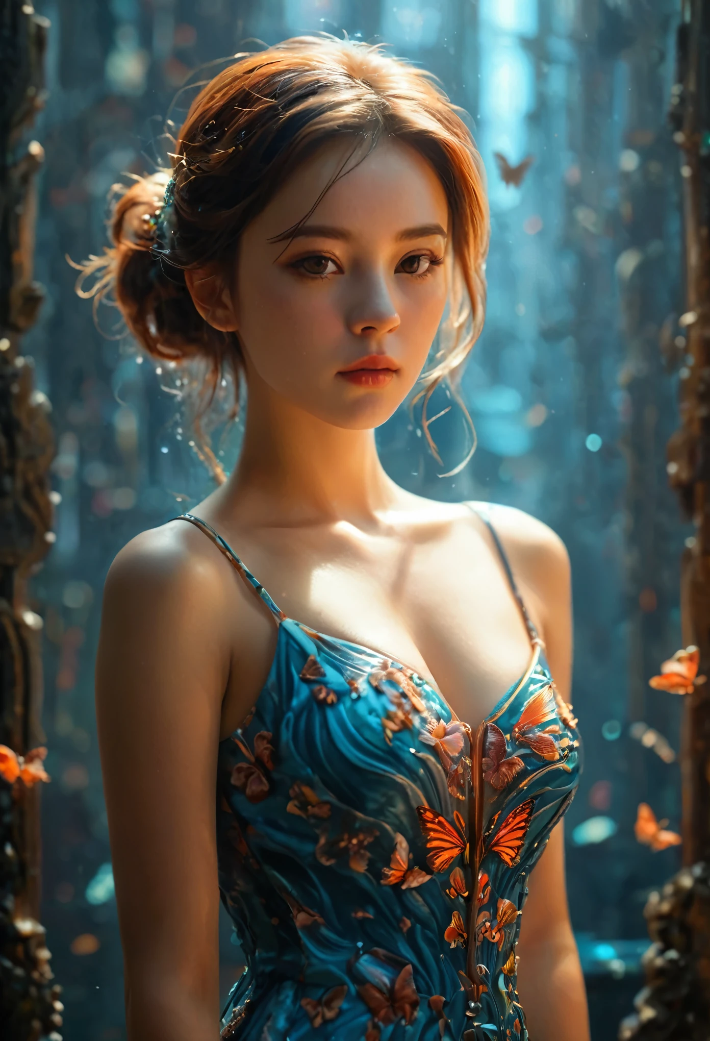 傑作, (最好的品質), ((最好的細節)), 景深, a 美麗的 girl, 美麗的脸蛋, 自然, , 開花, 多彩風景, 花朵, 蝴蝶, 發光連身裙, 元素, 未來城市、東京彌城、空機械車、夜晚、許多人被令人毛骨悚然的DNA包圍著."."艾格妮絲·塞西爾, 作者：安德烈·馬森 (安德烈·馬森), 法式培根, 4k, 複雜的細節, 注重細節, 获奖作品, 8K, 清晰的品質, 超現實主義, 精湛的工藝, 北非貿易區, 在桌子上, 甜的, 梅斯美瑞克, 夢幻般的, 引人注目, 不可抗拒的, 迷人, 傑出的, 聖, 美麗的, 出色的, 華麗的, 非常可愛的, 可愛的, 優雅, 驚人的, 水彩, , 藝術品, 美麗的 girl, 水紋, 鎖骨, 刺青, 明亮的棕色眼睛, 大氣戰, 全身視圖