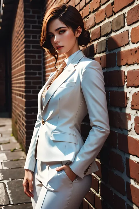 A beautiful woman in a white suit, leaning against a brick wall, detailed facial features, elegant expression, photorealistic, 8...