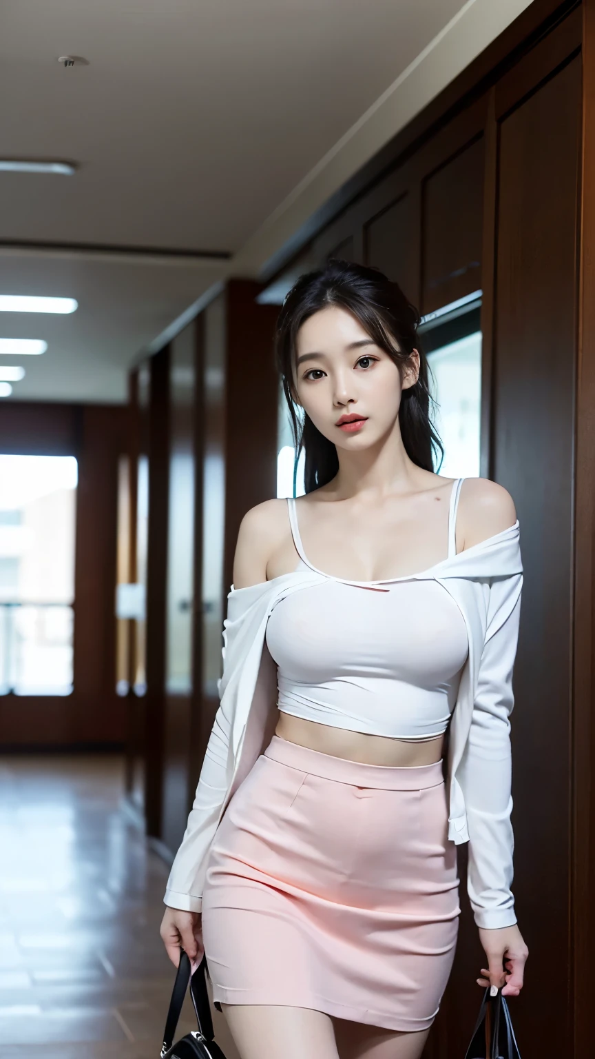 (((best quality, 8K, masterpiece:1.4)), (20 岁woman), masterpiece, clearly, Highres, High_quality, Wide_shooting, small_Face, Absurdly_short_hair, woman, Droop_breast, balance, stretch, Moderate_Face, only_Shoulder, center_Opening, underwear, ((best quality)), ((masterpiece)), (detailed), perfect Face, very big breast, ultra High resolution room, 8K, Perfect body, Head-up display, ergonomic, Thin legs, small Face, Long eyelashes, Glittery pink lips, Attention to detail, clean skin, blemish-free Face, Korean beauty, 20 岁woman, 1 名woman, Sexy pelvis,He walks forward carrying a small luxury bag., (huge, saggy breast), red tulip skirt, Red simple jacket, White V-neck shirt, Neat office office corridor, white tone office, office appearance:1.3, prada, Her job is CEO, she is an office worker,