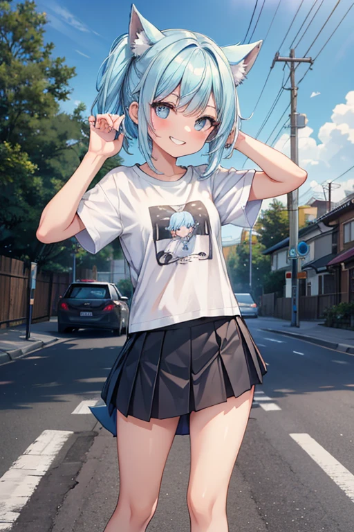 Residential Street,On the road,T-Shirts,mini skirt,Girl with no panties,Pulling up her skirt,Showing her private parts,Grinning,looking at the camera,Side Tail,Light blue hair