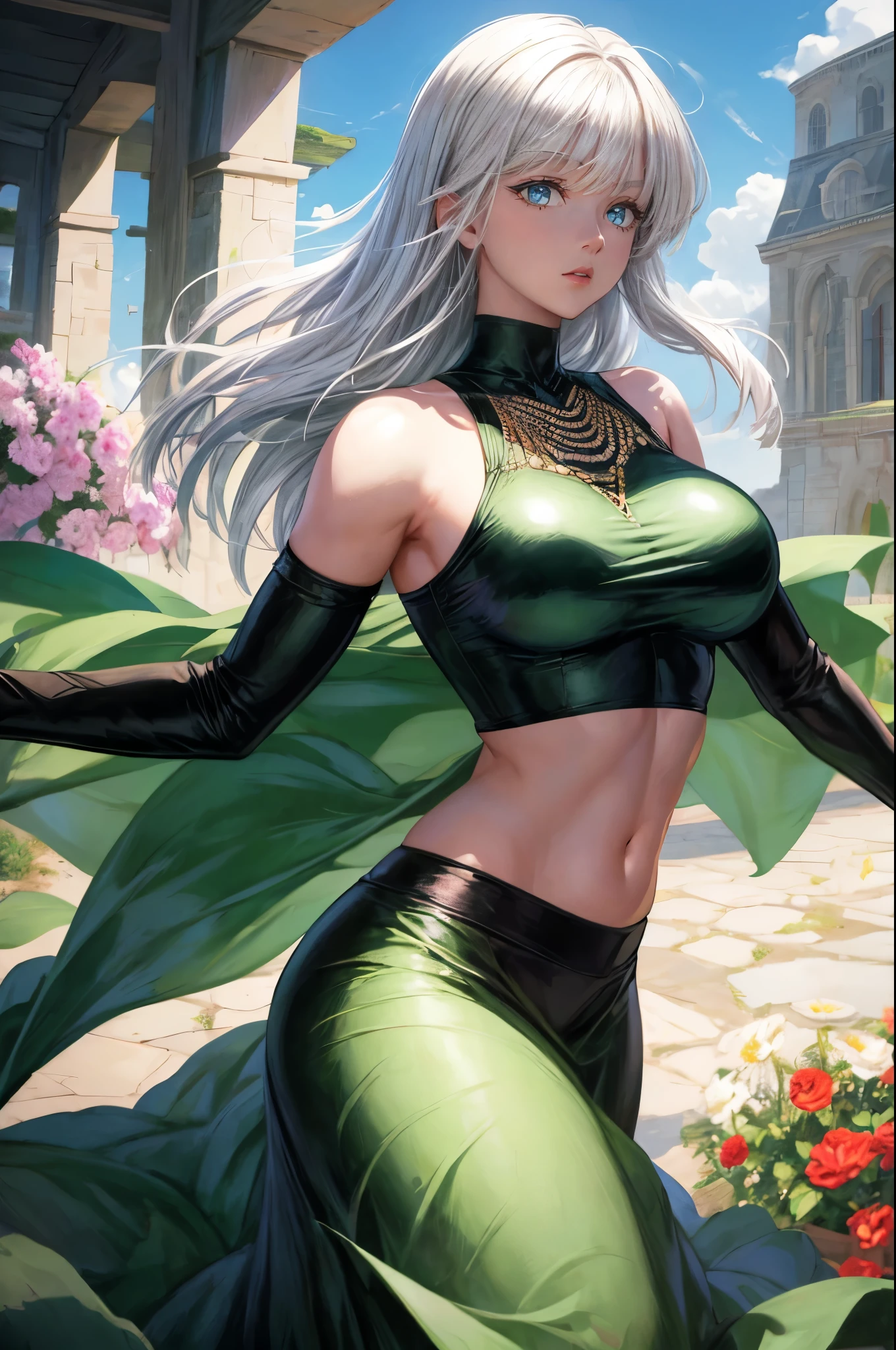 realistic, 1girl, white hair, green eyes, big round breasts, clear white skin, shining eyes, black crop top, dark green skirt, parted lips, rouge, night, flowers, sun, sunshine