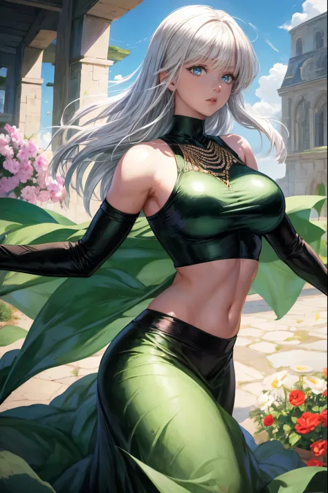 realistic, 1girl, white hair, green eyes, big round breasts, clear white skin, shining eyes, black crop top, dark green skirt, p...