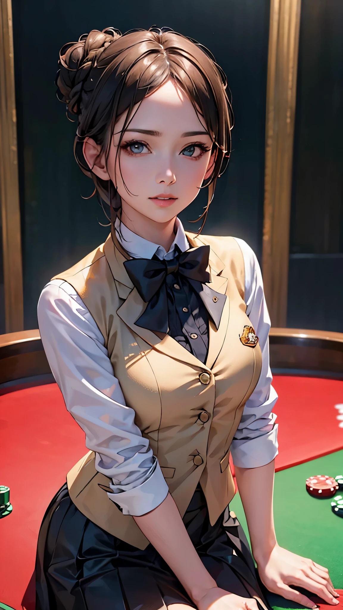 (best quality, 4k, 8k, highres, masterpiece:1.2), ultra-detailed, (realistic, photorealistic, photo-realistic:1.37), HDR, UHD, studio lighting, ultra-fine painting, sharp focus, physically-based rendering, extreme detail description, professional, vivid colors, bokeh, portrait, 1 girl, ((short hair, braid bun)), (casino croupier),((casino uniform)),Tuxedo, vest, jacket, bow-tie, skirt