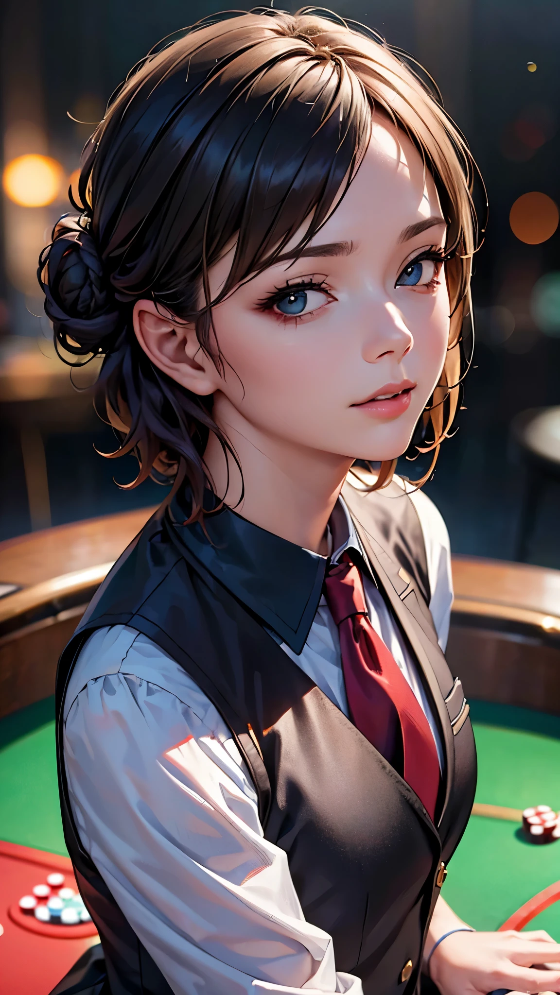 (best quality, 4k, 8k, highres, masterpiece:1.2), ultra-detailed, (realistic, photorealistic, photo-realistic:1.37), HDR, UHD, studio lighting, ultra-fine painting, sharp focus, physically-based rendering, extreme detail description, professional, vivid colors, bokeh, portrait, 1 girl, ((short hair, braid bun)), (casino croupier),((casino uniform)),Tuxedo, vest, jacket, tie, skirt