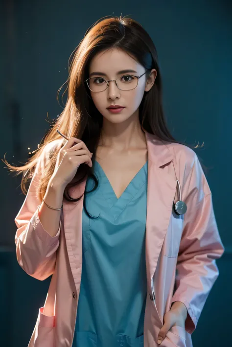 vibrant colors, female, masterpiece, sharp focus, best quality, depth of field, cinematic lighting, labcoat over scrubs, hospita...