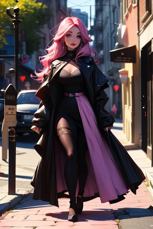Uma mulher de cabelo rosa com olhos violetas, uma figura de ampulheta em uma camisola gótica está andando com um cachorro preto