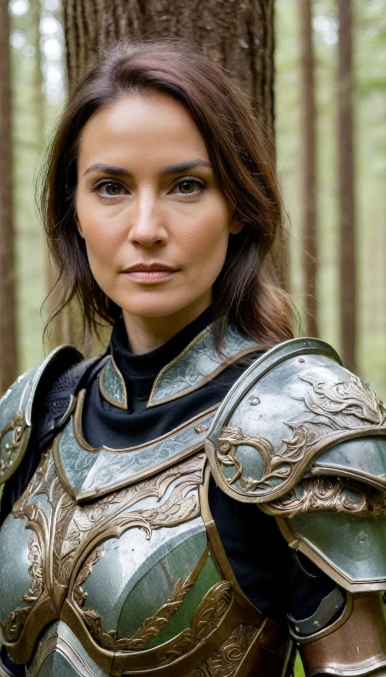 raw photo, 8k uhd, a 37 years old woman, perfect eyes, (standing in forest:1.2), (close-up photo:1.5), (heavily weathered paladin armor:1.2), (intricate:1.2), (looking at camera:1.2), (best quality:1.2)