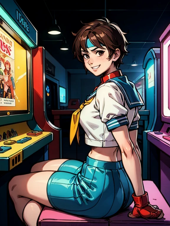 sakura kasugano, Brown eyes, short brown hair, diadema blanca, Cuello marinero, , mangas cortas, ombligo, falda azul, guantes rojos,  looking back at the viewer, grave, sonrisa, session,de_behind,  adentro, arcade, gabinete arcade, neon lighting, Alta calidadsakura kasugano, brown eyes, short brown hair, white headband, sailor collar, , short sleeves, navel, blue skirt, red gloves,  looking back at viewer, serious, grin, sitting,from_behind,  inside, arcade, arcade cabinet, neon lighting, high quality, masterpiece,  obra maestra,  