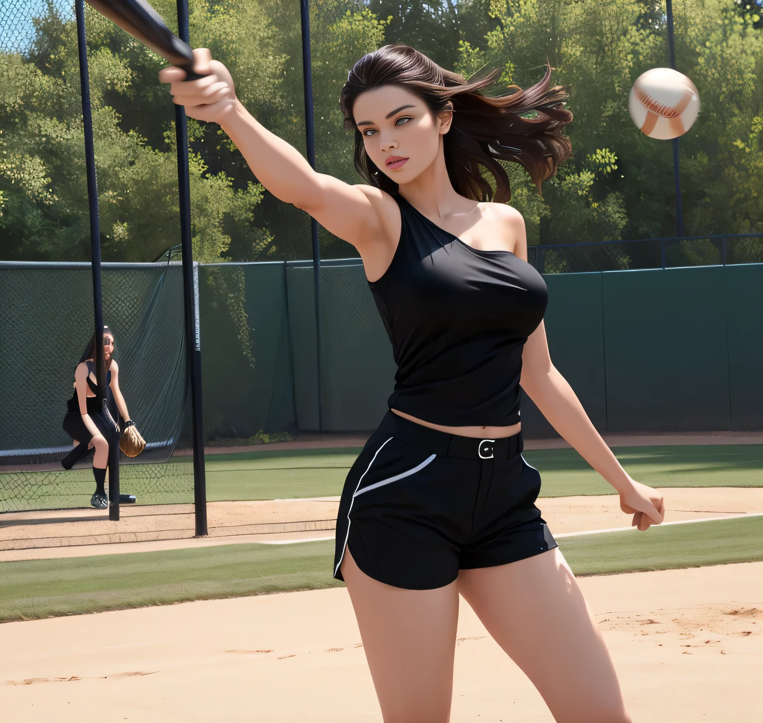 Mulher de blusa preta e short preto balançando um taco em uma bola, fora, Jogando uma bola reta, segurando uma bola, foto de ação dinâmica, corpo todo, corpo todo, tiro na altura dos ombros, serviço corporal, balançar no meio da ação.

Uma linda brasileira, com pele branca, cabelo castanho escuro. ela tem cerca de 40 anos, 162 cm de altura e pesa 56 kg. Seu corpo exala glamour e seu rosto é uma definição de beleza. Corpo esguio, cintura fina. altamente realista, hiperrealismo, pele muito elaborada, Foto de alta qualidade. Foto nítida, Alta resolução, alta qualidade, obra de arte, Foto 16k, Foto nítida, Alto contraste, obra de arte, (fotograficamente realista), nu, Nudez, nfsw.