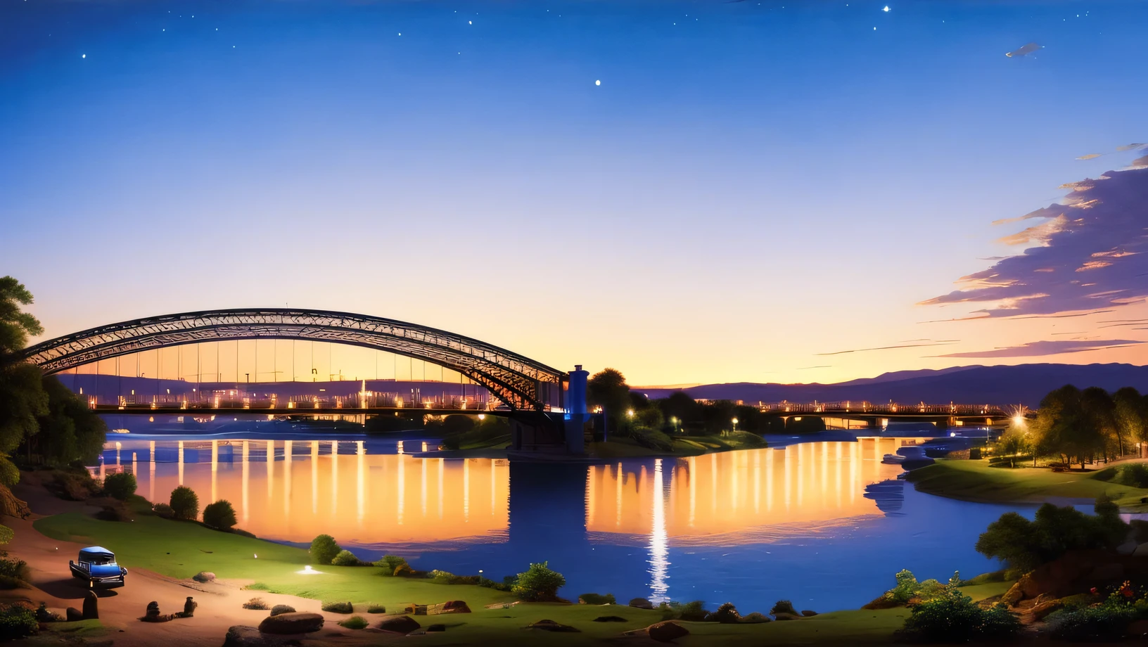 ponte sobre um rio largo, Carros estão atravessando a ponte, há muitas nuvens claras no céu azul brilhante, tarde da noite, luz volumétrica