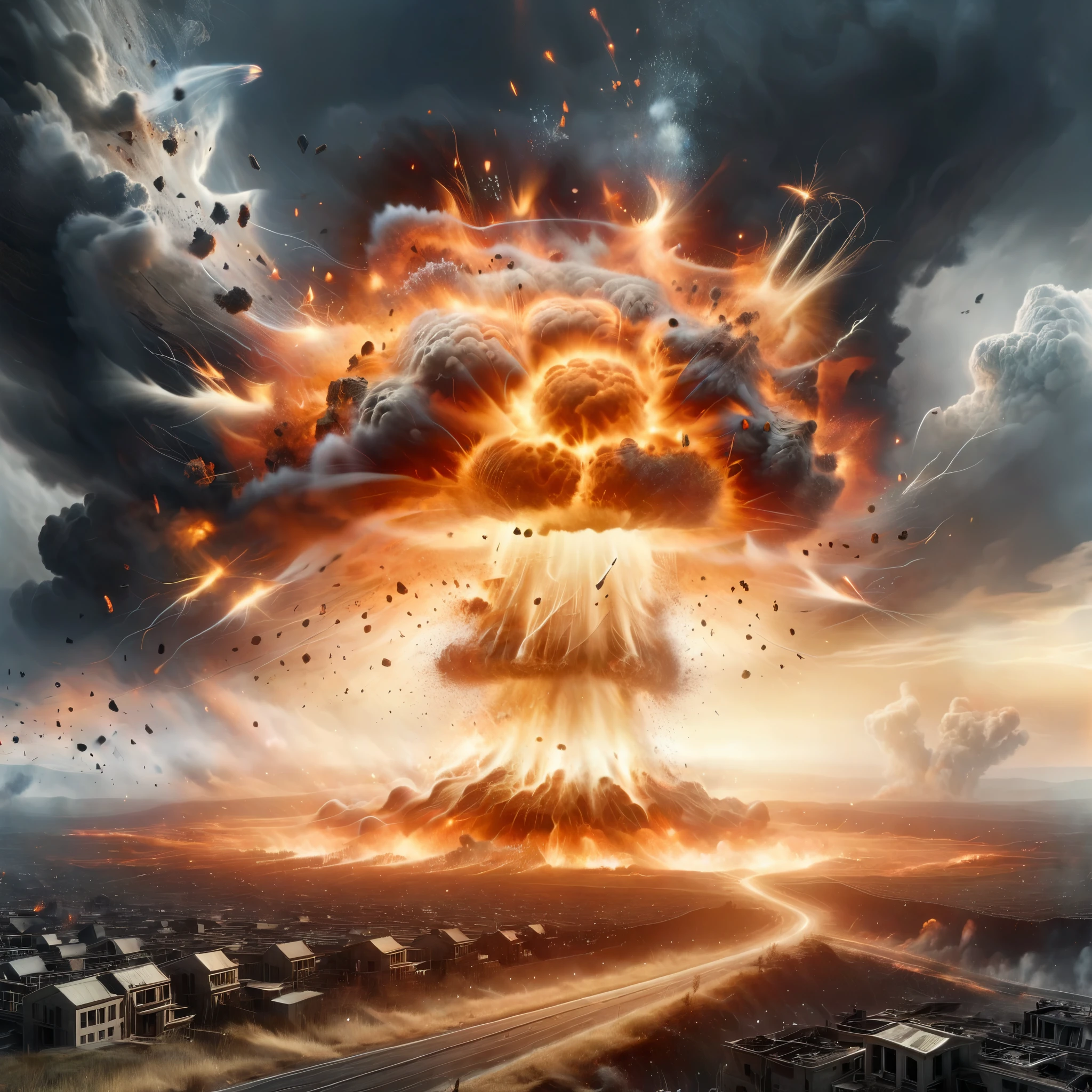 A colossal nuclear explosion dominating the landscape. A massive mushroom cloud rises from the center, filled with intense, fiery oranges, yellows, and deep reds, creating a dramatic display of destruction. The explosion's base is a seething mass of dark smoke and fire, spreading outward in a circular shockwave, scorching everything in its path. The background features a dark, apocalyptic sky, with streaks of light and smaller explosions adding to the chaotic atmosphere. The ground below is a city in ruins, engulfed in flames and debris, emphasizing the sheer magnitude of the explosion. The image captures the terrifying power and destructive force of a nuclear blast.